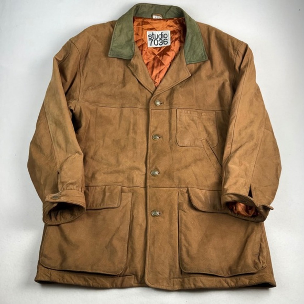 Studio 7036 Philippe Monet Mens Brown Leather Barn Jacket Green Collar‎ Size M